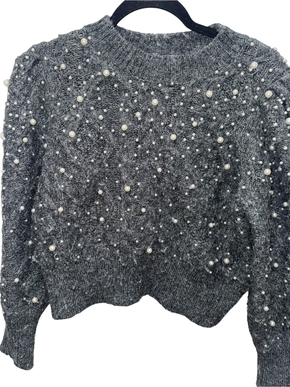 Zara Gray Pearl Embellished Puff Sleeve Sweater Small - Picture 4 of 7